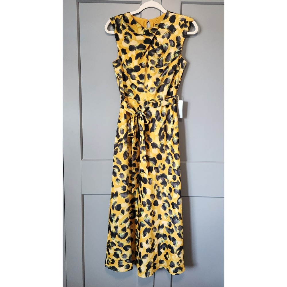 Tahari ASL Pleated Neck Sleeveless Belted Midi Dress Leopard Print Satin 4 Flaw